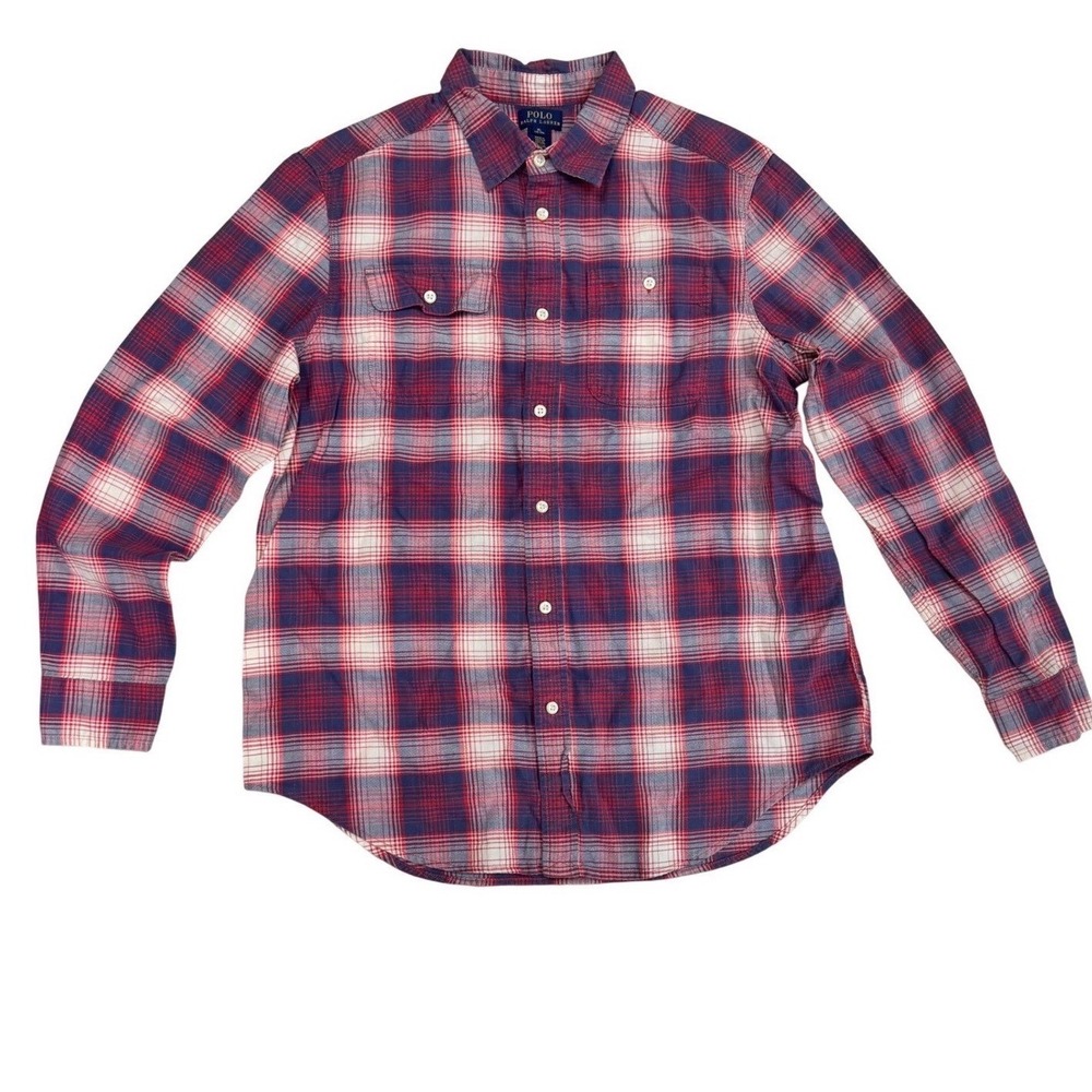 Polo Ralph Lauren Boys XL (18-20) Plaid Button Down Long Sleeve Shirt Redwht/blu